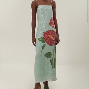 Farm Rio Blue Anthurium Flowers Slip Maxi Dress